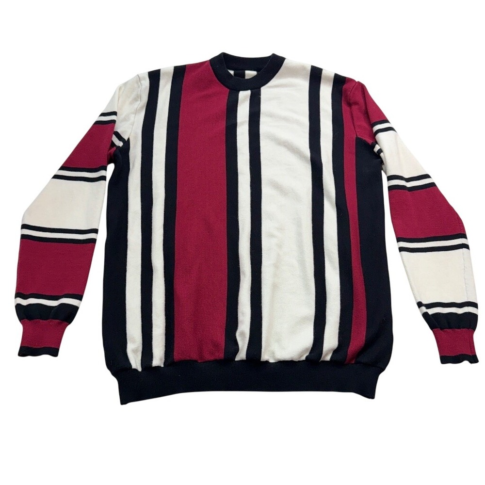 Vintage Vertical Striped Sweater Mens XL Black White Red Crewneck Knit Pullover
